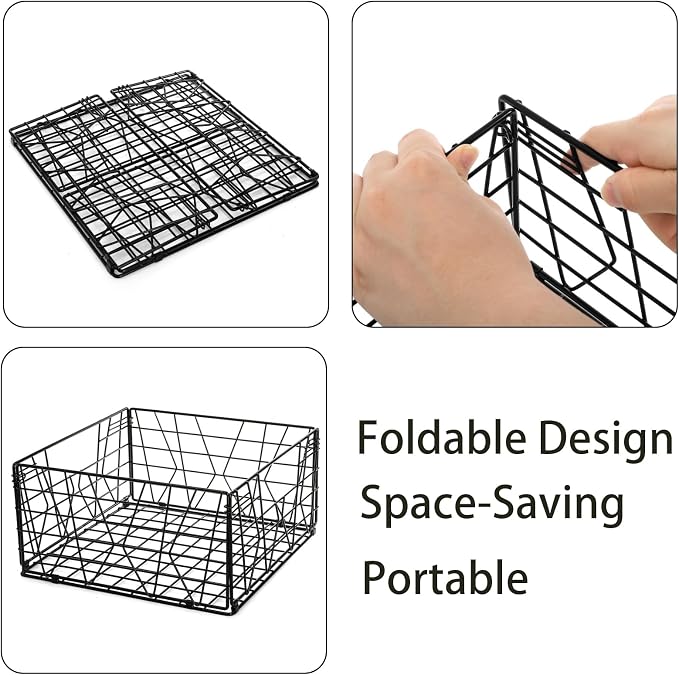 TOPZEA 2 Pack Black Metal Food Storage Basket for Pantry Organization, Foldable Wire Cabinet Organizers with Handle, Canned Goods Snack Baskets Freezer Bins for Organizing Kitchen, Bathroom, Garage - Image 3