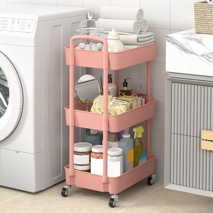 Sywhitta 3-Tier Plastic Rolling Utility Cart with Wheels for Storage, Pink | Multi-Functional Storage Trolley, for Office, Living Room, Kitchen, Bathroom,Movable Organizer,Space-Saving,Easy to assemble - Image 6