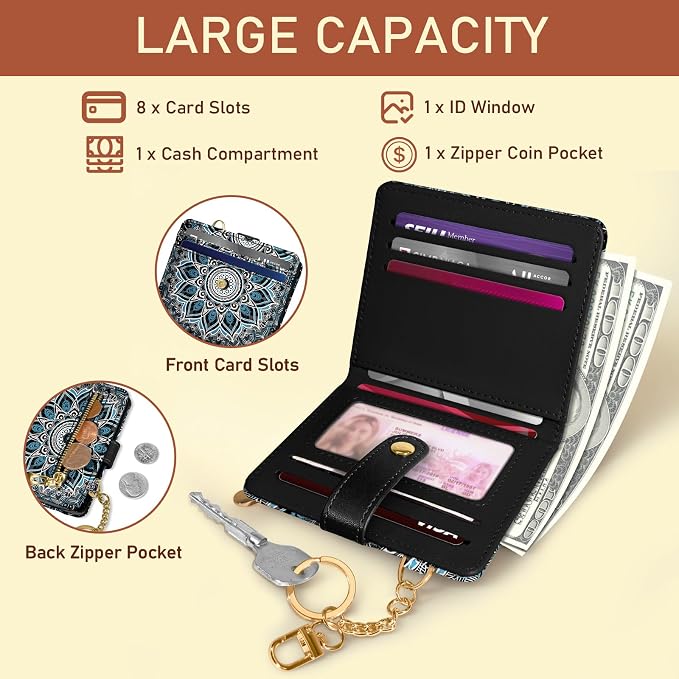 Jogjam Mandala Rfid Women Wallet, Small Slim Thin Credit Card Holder | PU Leather Bifold Cash Zipper Coin Pocket ID Window, for Female Ladies Teen Girls Girly Gifts - Image 4