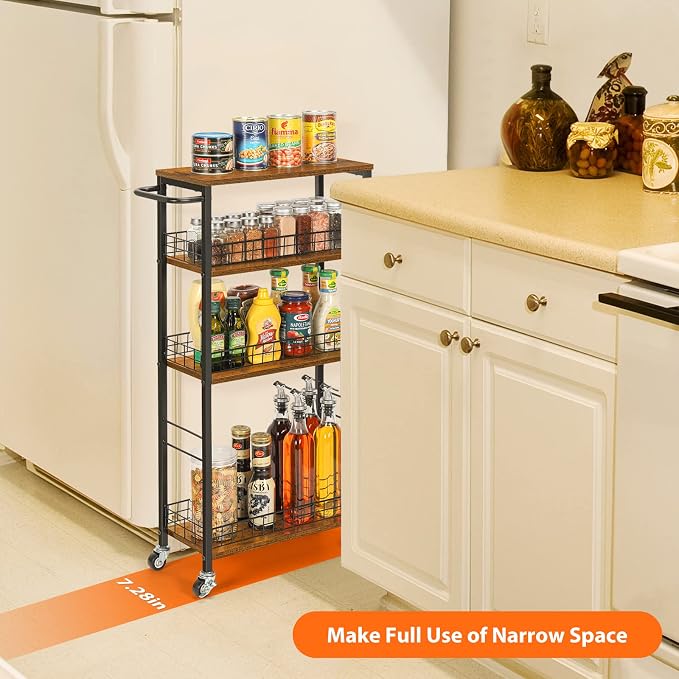 YBING Slim Storage Cart 4 Tier Narrow Kitchen Rolling Cart | Wooden Tabletop, Mobile Utility Stand on Wheels, For Bathroom Laundry Narrow Places, Rustic Brown 16.5"L x 7.3"W x 34.6"H - Image 2