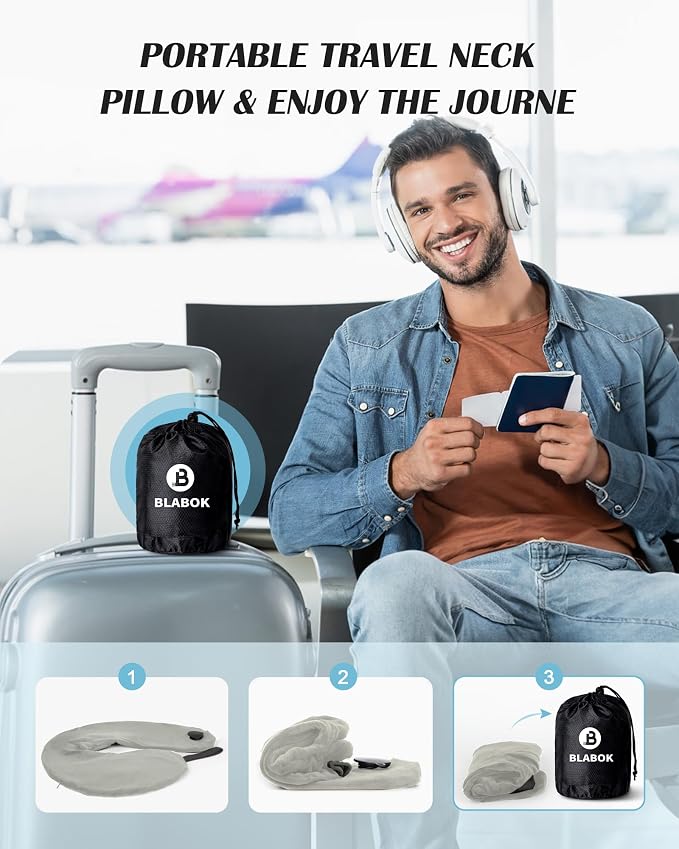 Patented Design Inflatable Travel Neck Pillow – Airplane Neck Pillow with 360° Head & Neck Support, Soft Washable Velvet Cover, Compact Neck Support Pillow for Airplane,Train,Car,Office & Home (Grey) - Image 7