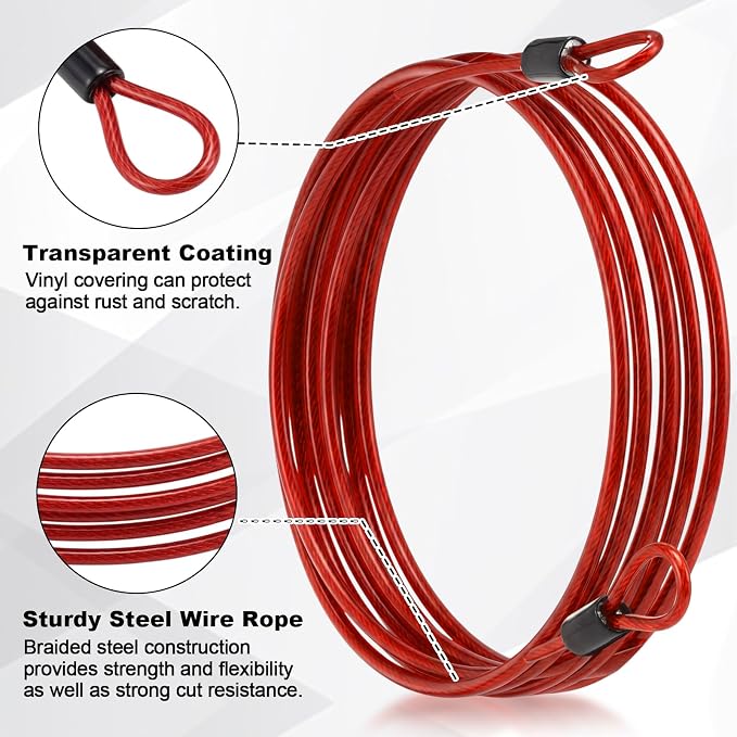 12 Pack Security Cable Luggage Lock with Loops 7 ft 3mm Braided Steel Coated Bike Cable Wire Double Loop Anti Theft Safety for U Lock, Padlock and Disc(Black,Red) - Image 2