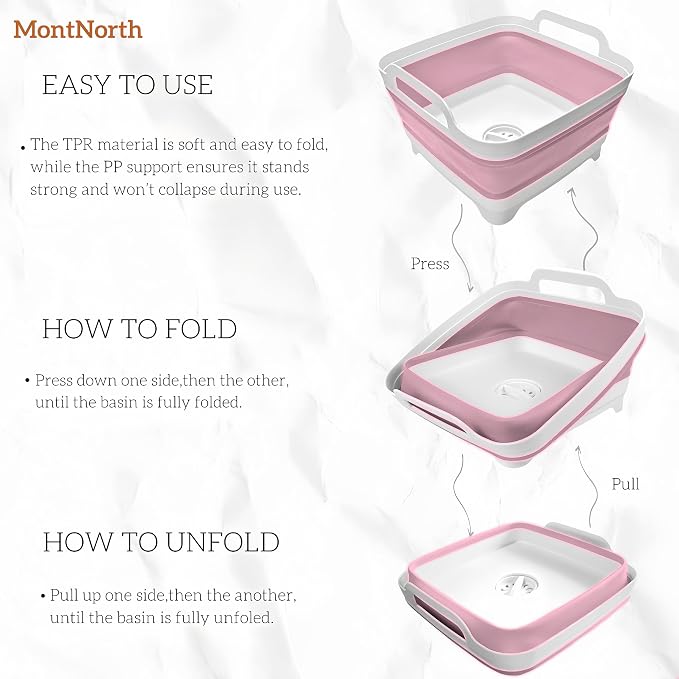Collapsible Wash Basin 9L, Foldable Dish Tub with Drain Plug, Portable Collapsible Dish Basin, Camping Sink for Washing Dishes, Laundry & Kitchen Use (Pink) - Image 3