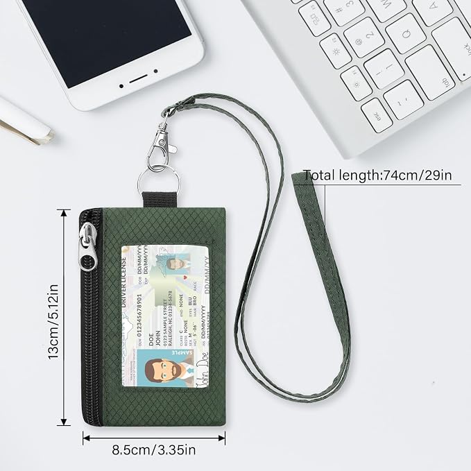 Minimalist RFID Blocking Wallet with 2 Zip Pockets and Lanyard, Water Resistant ID Case with Key Ring and Cards Badge Holder, Coin Purse Pouch for Men and Women Travel Sports -GREEN - Image 2