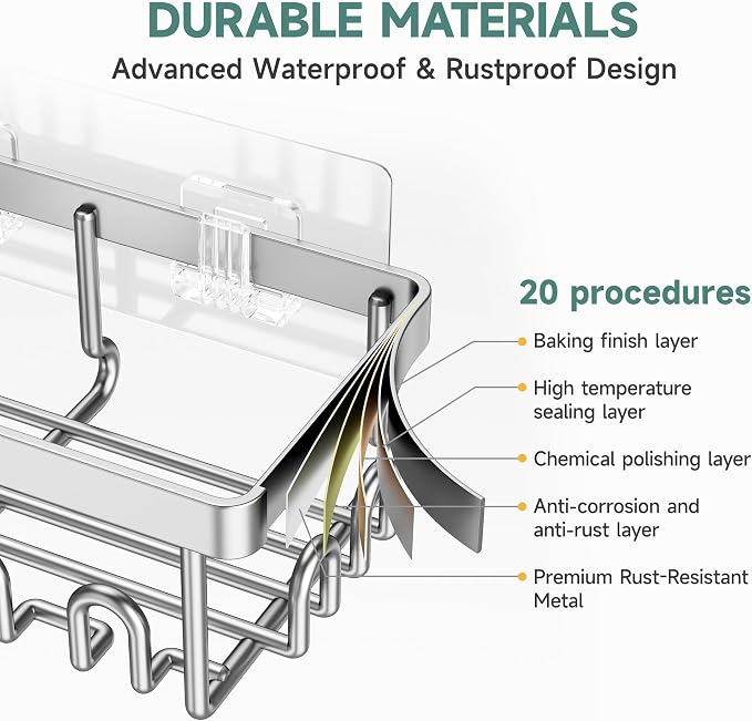 Veken Shower Caddy 6-Pack, Advanced Rustproof Design, No Drilling Adhesive Shelves, Rack with Soap Holder, Large Capacity Bathroom Organizers and Storage, Wall-Mounted Kitchen & Home Decor, Silver - Image 5