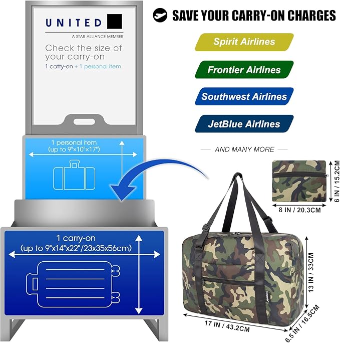 Duffle Bag for Travel Foldable Personal Item Travel Bag, 23L, Green Camo | Carry On Duffel Bag Women Men Frontier Airlines Personal Item Bag Hospital Weekend Overnight Trips - Image 3