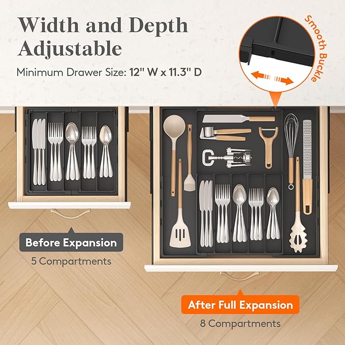Lifewit Expandable Silverware Drawer Organizer, Utensil Tray for Kitchen | BPA Free Flatware and Cutlery Holder, Adjustable Plastic Storage for Spoons Forks Knives, 12-20.5 x 11.3-19.4 x 1.7", Black - Image 6