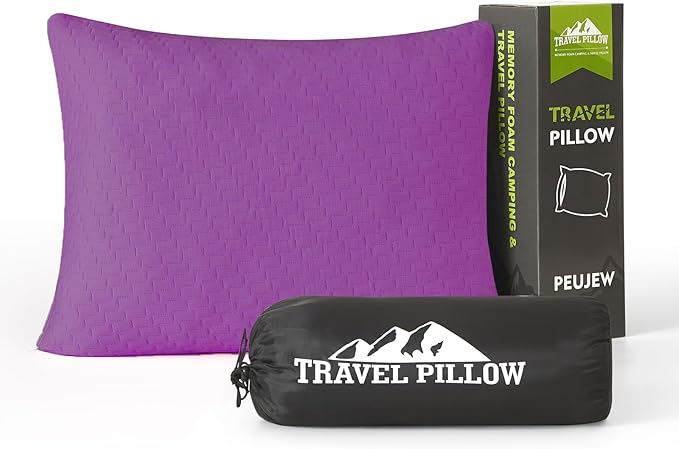 Small Shredded Memory Foam Pillow, Camping Pillow Travel Pillow - Compressible Medium Firm, Breathable Cover, Ideal Backpacking Hiking, Airplane and Car (Purple, L) by PEUJEW