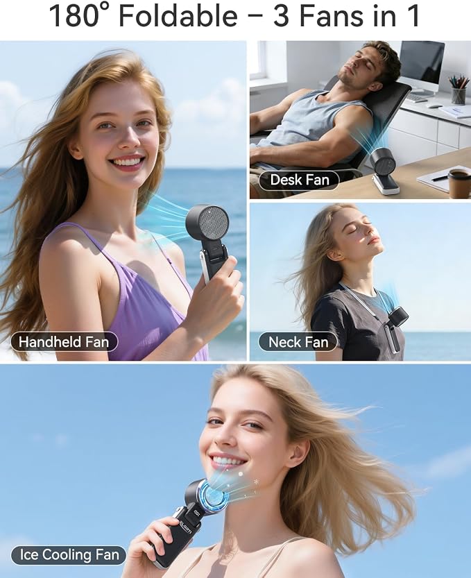Portable Fan, Handheld Fan with Turbo & Ice Cooling, 5-Speed 4000mAh Rechargeable, 3-in-1 Foldable Small Travel Hand Fan, Lightweight Compact & Quiet for Beach, Outdoor, for Women & Men -Black - Image 6