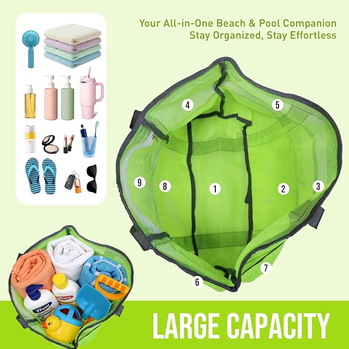 Large Mesh Beach Tote Bag, 9-Pocket Foldable Summer Vacation Beach Bag for Travel, Pool, Gym, Cruise - Image 4