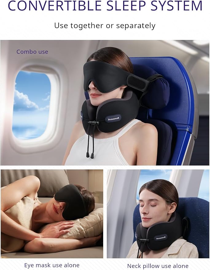 Travel Pillow, Neck Pillow Airplane for Long Flight Sleeping | Soft Supportive Foam, Head Pillow 3D Eye Mask & Seat Strap for 360°Support Head, Neck & Chin Travel Essentials Black & Grey - Image 5