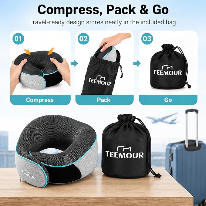 Travel Pillow-Neck Pillows for Airplanes, Memory Foam Travel Neck Pillow for Long Flights|Airport Travel Essentials 360° Support Gifts for Travellers With Eye Mask & Earplugs, Portable Carry Bag - Image 6