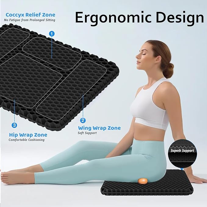 Gel Seat Cushion, Jumbo&Thick Gel Cushion with Non-Slip Cover for Home Office Car Seat Wheelchair, Soft Breathable Honeycomb Chair Pads for Relieve Hip Pain, Black 20x20x1.9inch - Image 4
