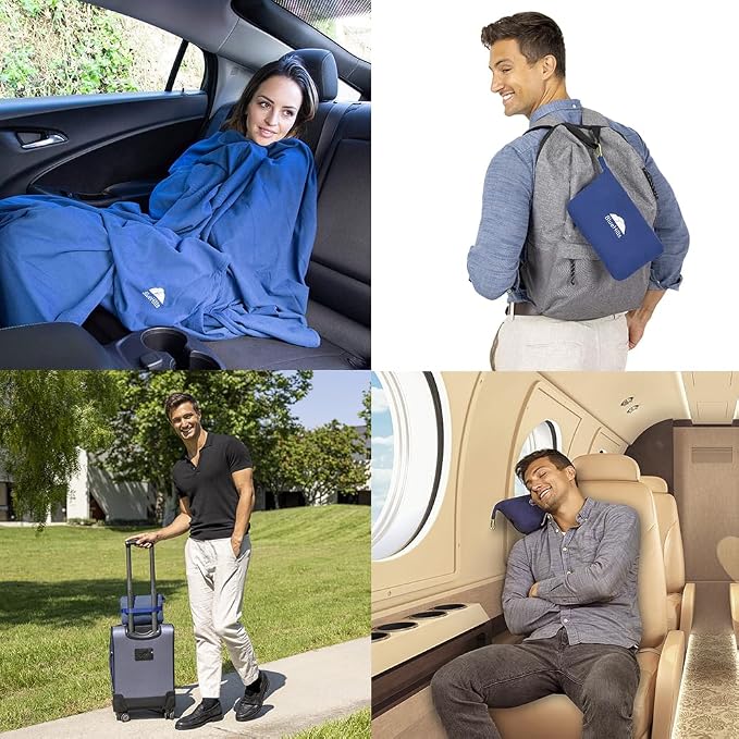 BlueHills Ultra Compact and Lightweight Travel Blanket Pillows for Two Airplane Traveling Essentials Flight Throws in Bag Large Plane Accessories – Gray and Navy Blue - Image 3