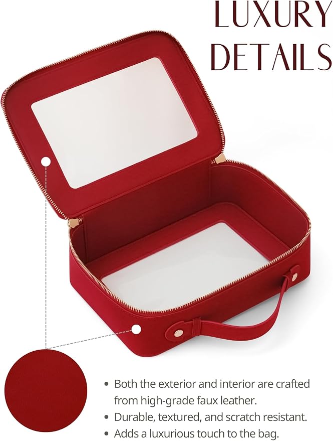 Clear Large Makeup Bag Mahjong Tile Bag with Zipper and Handle Red | Structured Large Travel Makeup Bag for Toiletries for Women, Big Long-trip Cosmetic Case, Waterproof PU Leather, Wide Opening - Image 5