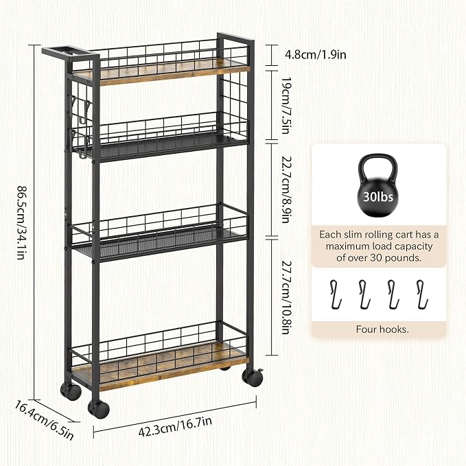 LASZOLA Slim Storage Cart Narrow Shelving Unit with Wheels, 4 Tier | Utility Cart Organizer with Handle, Skinny Rolling Trolley for Small Space Kitchen Bathroom Laundry, Black and Rustic Brown - Image 3