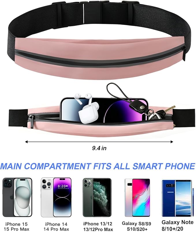 Slim Running Belt for Women and Men, Waterproof Phone Holder for Running, Reflective Waist Pack for Storing Runner’s Essentials Safely, Runner’s Fanny Pack, Money Belt Fits Most Phones (Light Pink) - Image 2