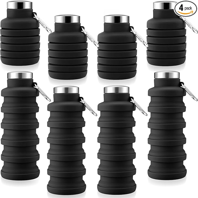 Lallisa 4 Pcs Collapsible Water Bottles 17 oz Reusable Silicone Foldable Travel Water Bottle Portable Leak Proof Sports Water Bottles for Gym Camping Hiking (Black) by Lallisa
