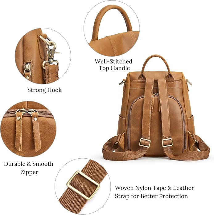 S-ZONE Leather Backpack Purses for Women Antitheft Rucksack Shoulder Bag Medium | Genuine Leather, Medium Fits 9.7-inch Tablet, for Work Travel Daily Commute, Multi Pockets, Adjustable Dual Straps - Image 6