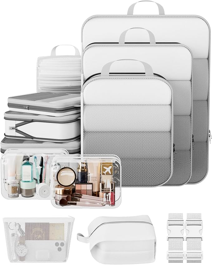 1/2/6/8/9/10/11 Set Compression Packing Cubes Garment Bags Garment Bag for Travel Essentials,White by Veken
