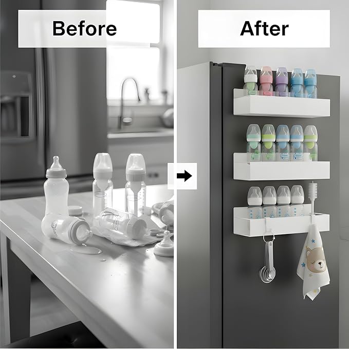 MGY 3Pack Magnetic Baby Bottle Organizer for Refrigerator,Space-Saving Storage for Baby Bottles, Metal Shelf with 4 Hooks,Station Organizer for Bottles - Image 2