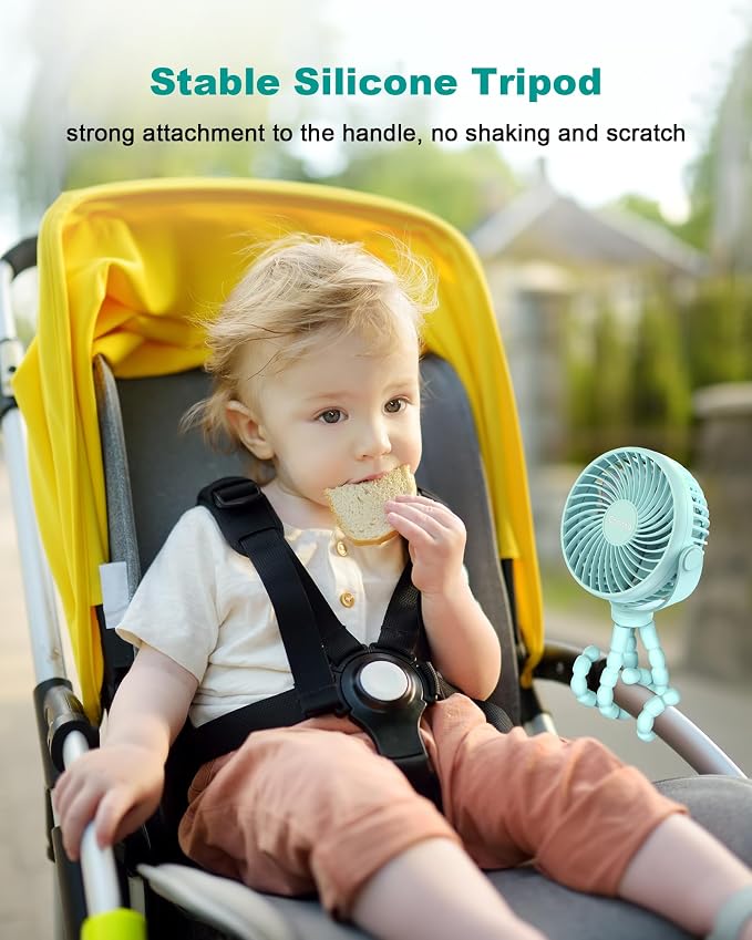 Coohea Clip on Stroller Fan, Rechargeable Long-Lasting Power Wind Fan, Blue | 4000mAh Battery Operated, 360° Rotatable Flexible Tripod, 3 Adjustable Speed, Portable Fan for Car Crib Backseat Beach Travel - Image 5