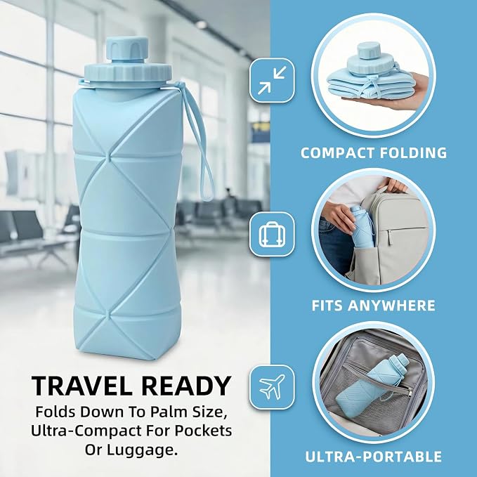 Collapsible Travel Water Bottle 28oz (800ml), BPA-Free, Foldable Silicone Lightweight Reusable Water Bottle with Leak-Proof Lid & Lanyard, Portable for Travel Cycling Gym Camping - Image 8