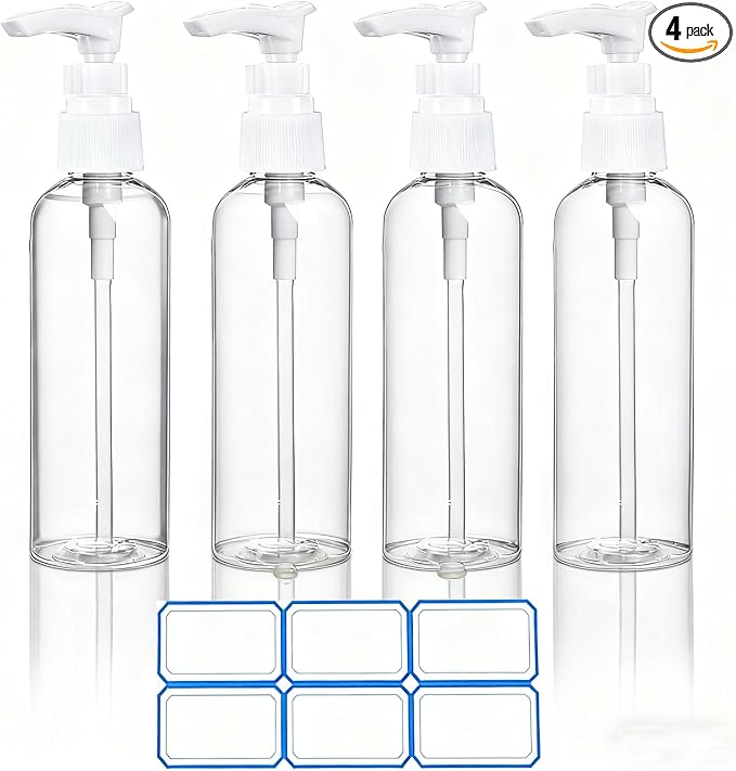 DTDNZKN 4 Pack 3.4 Oz (100ml) TSA Approved Travel Pump Bottles | Refillable Plastic Lotion Dispenser Leakproof Pump Bottle for Toiletries Clear Travel Size Bottles with Labels by DTDNZKN