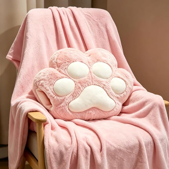RYOLOY Cat Paw Warm Hand Pillow,with 66 * 35Inch Travel Blanket,2 in 1 Travel Pillow and Blanket Set,for Car Office Camping Essentials (Pink) - Image 3