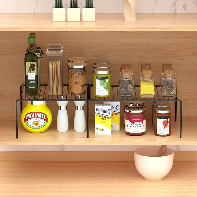 Kitchen Cabinet Expandable Shelf Organizers Set of 4, Adjustable Metal Wire Pantry Storage Shelves, Plate Dish Organizer Rack for Cabinets, Cupboard, Counter, Freezer, Countertop, Black - Image 4