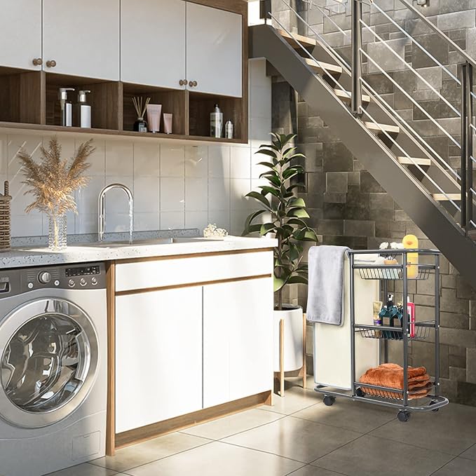 Narrow Laundry Cart with Wheels, 3 Baskets and 45L Laundry Bag | Metal Rolling Cart for Small Space, Laundry Room Organization and Storage, for Bathroom Living Room Apartment Dorm - Image 9