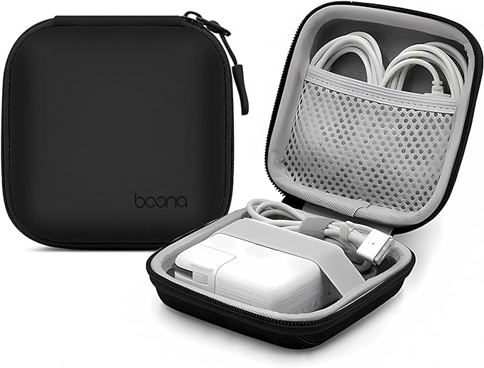 4.4"x4.4" Travel Charger Organizer Storage Pouch, Black PU | Portable travel pouch, holds MacBook power adapter, cables, USB drives, earphones and small electronics by HOMEGYMFREE