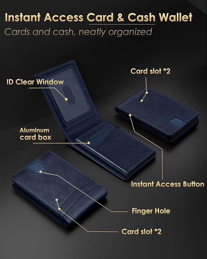 QLD Wallet for Men - RFID Blocking [Functional & Practical] Bifold Slim Minimalist Credit Card Holder Pop Up Metal Case with Cash Slot, Front Pocket with ID Window, Gift Boxed - Image 5