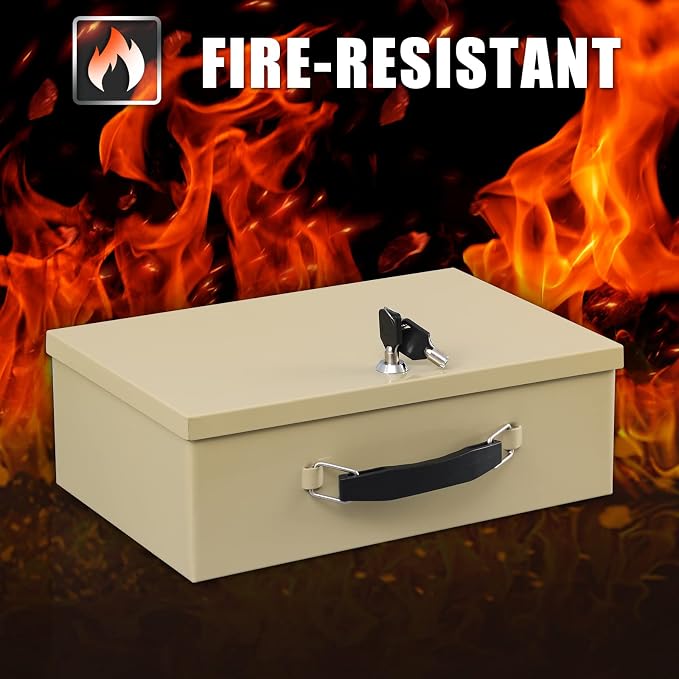 xydled Fireproof Document Box with Key Lock, Fire Safe Box, Sand | Fire and water resistant lock box for documents, passports, cash and valuables, keeping secure at home, 12.8 x 8.5 x 4.5 Inch - Image 2