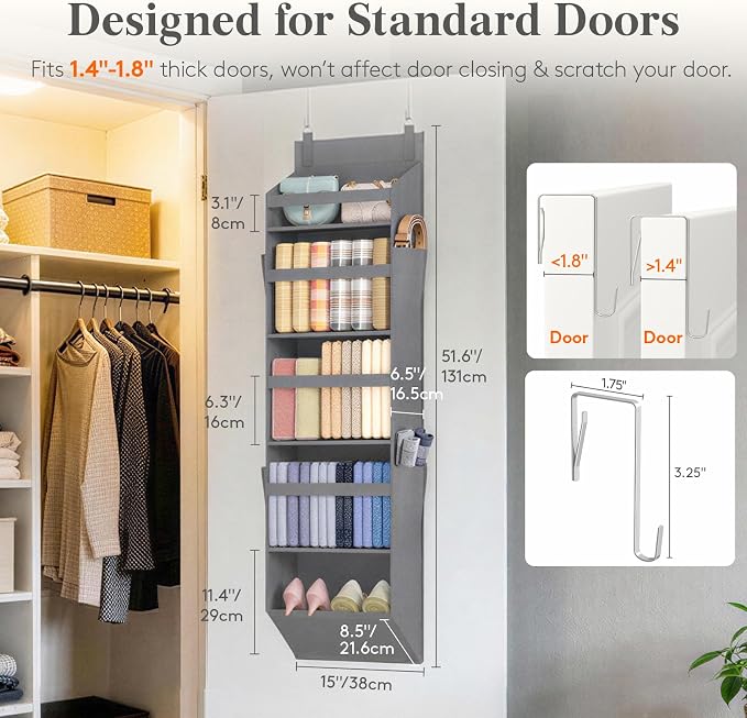 Lifewit 1 Pack Over the Door Organizer, 5 Section Clear Window Hanging Storage with 4 Side Pockets, Sturdy Anti Tilt 40 lbs Load Behind Door for Closet, Bedroom, Bathroom, Nursery, Dorm, Dark Gray - Image 2