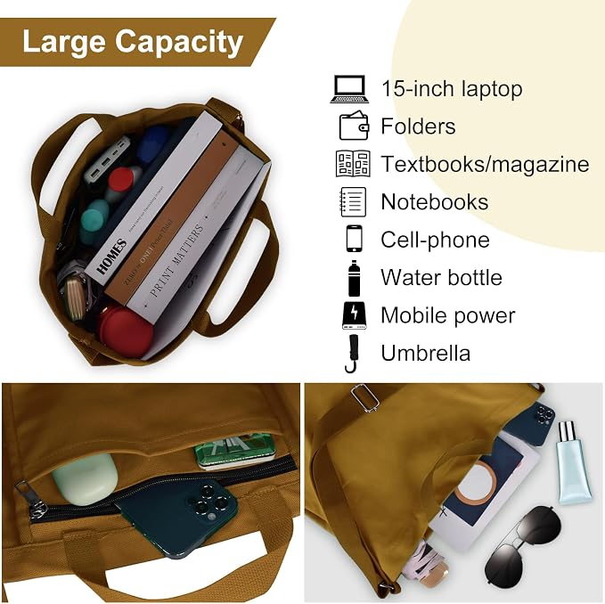 Women's Canvas Tote Bag inside Out Bag with Adjustable Crossbody Strap for Work Travel Shopping Durable Handbag for Men - Image 4