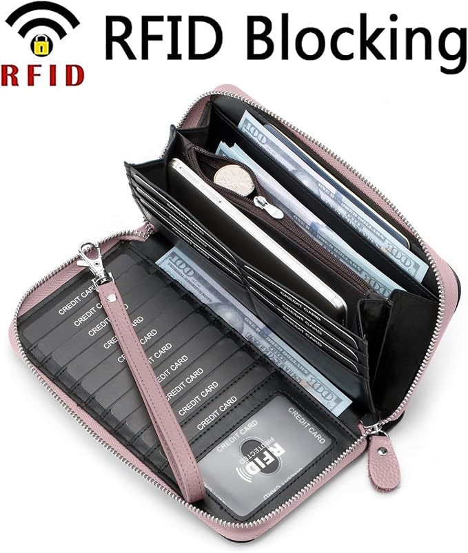 Moflycom Womens Wallet RFID Blocking Genuine Leather Multi Credit Card Large Capacity Zip Around Clutch Travel Purse Wristlet - Image 2