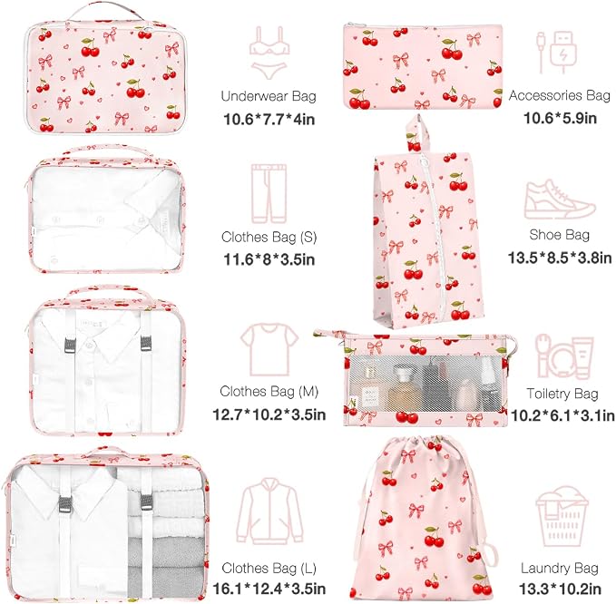 Packing Cubes for Travel,8 Set Luggage Organizer Bags with Mesh Top Panel, Lightweight Suitcase Organizers for Carry On, Family Vacation, Business Trip(Cherry Bows) - Image 2