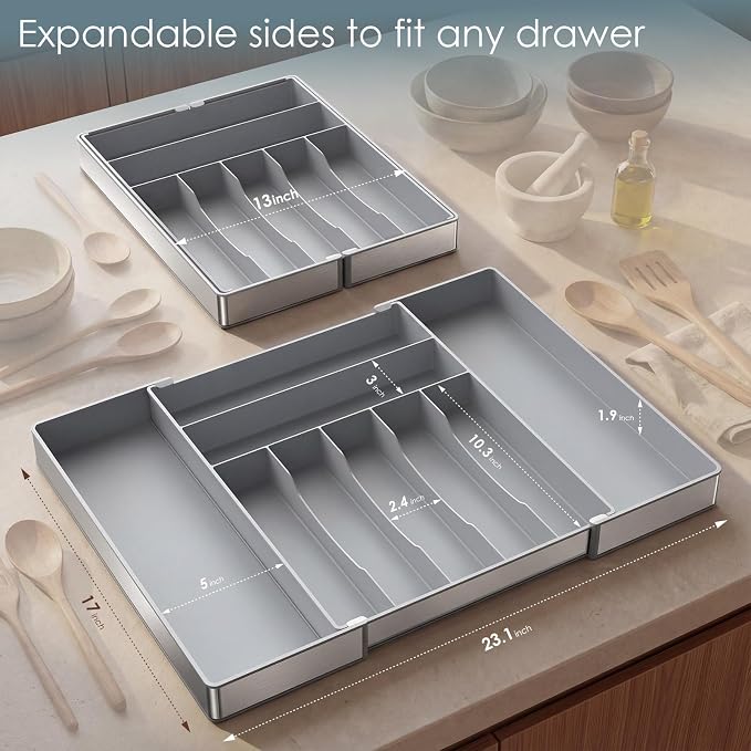Silverware Drawer Organizer, 9 Slots Expandable Kitchen Drawer Organizer | Extra Large Utensil Holder & Cutlery Tray, Heavy Duty Stainless Steel Frame Flatware Organizer, Non-Slip Feet Included, Gray - Image 6