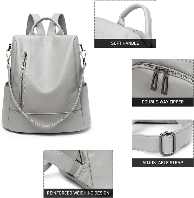 Fashion Backpack Purse For Women Anti-theft Rucksack Pu Leather Lightweight Water-resistant Shoulder Bag,Gray - Image 5