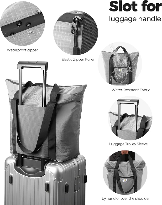 Foldable Travel Bag, 26L Lightweight Weekender Duffel, Expandable Second Carry-On Bag for Travel & Shopping, Water-Resistant Personal Item Bag, Gray - Image 7