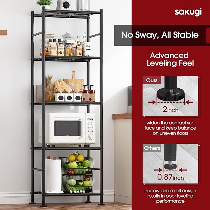 Sakugi Storage Shelves - 5 Tier Shelf Organizer, Heavy Duty Garage Shelving Unit with Leveling Feet, Stable Metal Shelves Organizer for Pantry, Kitchen and Closet, 18.4" W x 12.6" D x 57.4" H, Black - Image 5