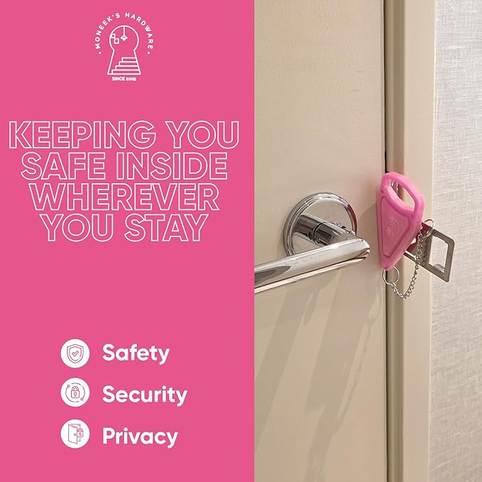 Portable Door Lock Extra Security Essential Safety & Privacy Travel Lockdown, Prevent Entry Stopper, Protect Family While Traveling Home Bedroom Hotel Apartment College (1 Pink) - Image 4