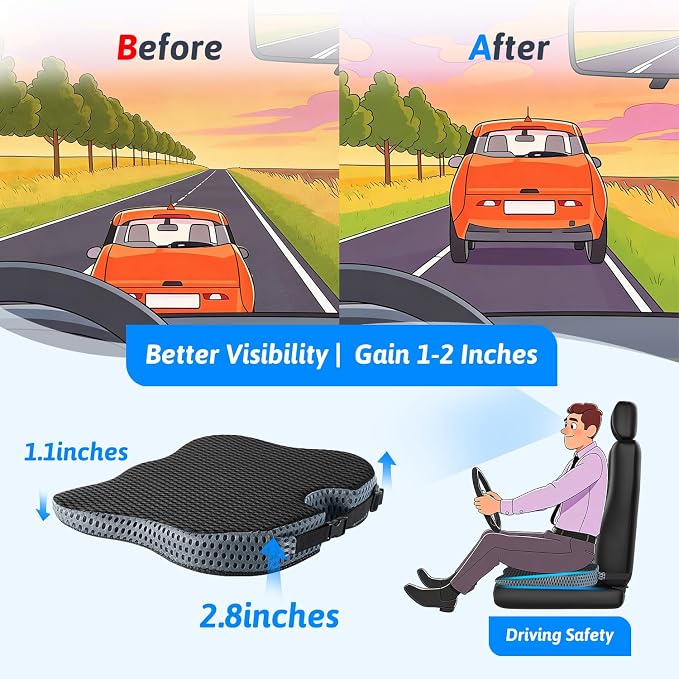 Wedge Car Seat Cushion for Better Visibility & Sciatica Pain Relief | High Density Memory Foam, Non-Slip Ergonomic Car Seat Cushion for Driving, Universal Fit for Car, SUV,Truck & Tractor - Image 3