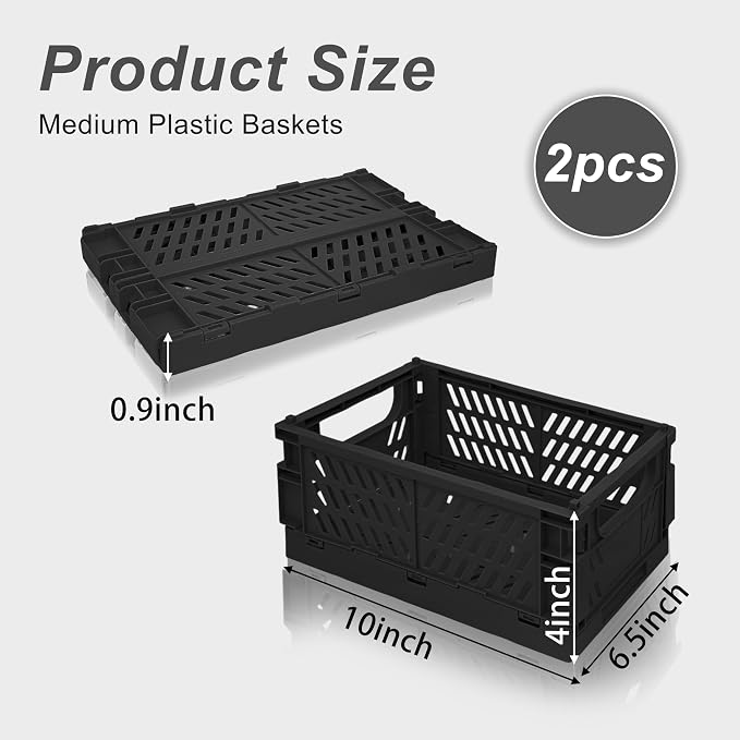 2 Pack Mini Foldable Small Plastic Baskets for Organizing and Storage，Collapsible Storage Crates,Mini Bins for Home Kitchen Bedroom Bathroom Office (Black, Large 10x6.5x4) - Image 2
