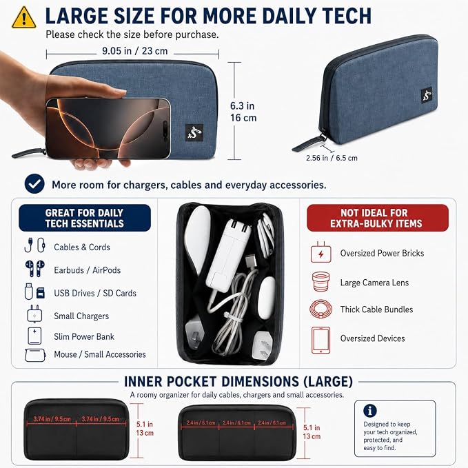 simtoper Electronic Organizer Travel Case – Waterproof Cable Bag for Cord, Charger, Hard Disk, Power Bank – Small Tech Storage for Travel, Backpack, Business Trip, Airplane - Image 3