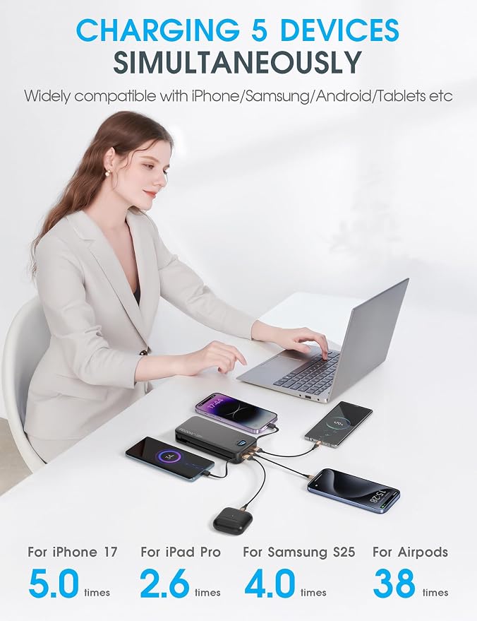 citicr Portable Charger 20000mAh PD20W w/Built-in Cables & Wall Plug Black | High capacity, Fast charging, Built-in wall plug, LED display, Charge 5 devices at once, Pass through charging, TSA approved - Image 5
