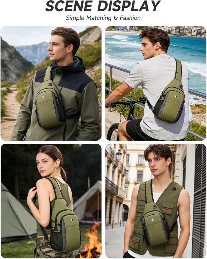 Tactical Sling Bag for Men & Women, Water Resistant Anti-Theft Crossbody Bag Mini Backpack with Water Bottle Pocket, Travel Hiking Chest Pack Fits 11 inch iPad, Switch 2, Army Green | Mens Crossbody Bag - Image 2