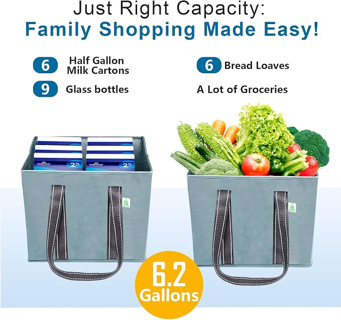 VENO 3 Pack Heavy Duty Reusable Grocery Shopping Bags Utility Tote | Water Resistant, Storage Box with Sturdy Handles & Hard Bottom, Foldable for Groceries Shopping Cart Storage(Blue, 6 Gallon) - Image 5