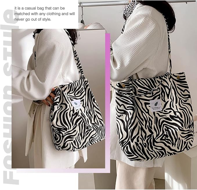 LHMTQVK Corduroy Tote Bags for Women, Large Capacity Tote Purse Reusable Grocery Shoulder Bag with Inner Pockets - Image 6